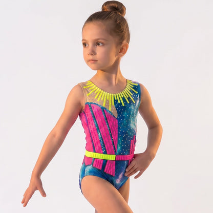 Young girl in a colorful leotard posing on a white background