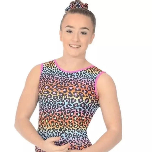 A sleeveless, printed V-neck leotard in multicolor animal print, worn by a female model.