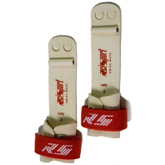 A pair of Reisport women's uneven bars grips with velcro straps and the brand name printed on them.