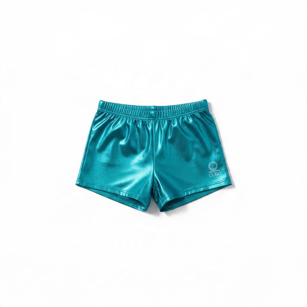 Elite Gymnastics Store turquoise glitter mystique gymnastics shorts with a rhinestone logo design.