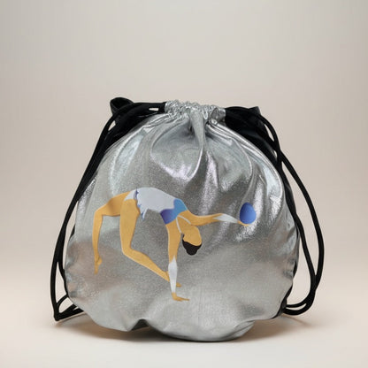 Silver drawstring bag with a graphic of a person in a dynamic pose on a light gray background